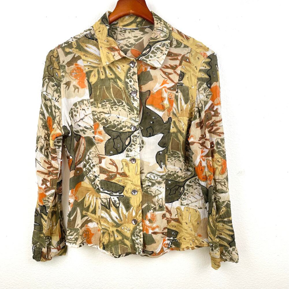 Vtg 90s Womens Top Sz M Sheer Beaded Button Up Artsy Fairy Grunge Statement Boho